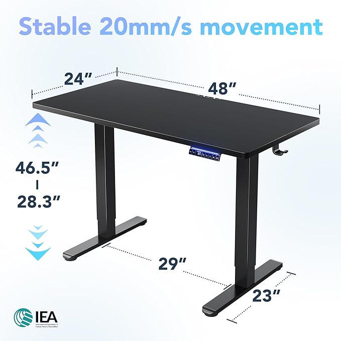 HUANUO One-Piece AI-Powered Electric Standing Desk, Smart APP, Work with Alexa & Google, Adjustable Height, 6 Memory Settings, Sedentary Reminder, Ergonomic Sit-Stand Desk, 48-inch, Black