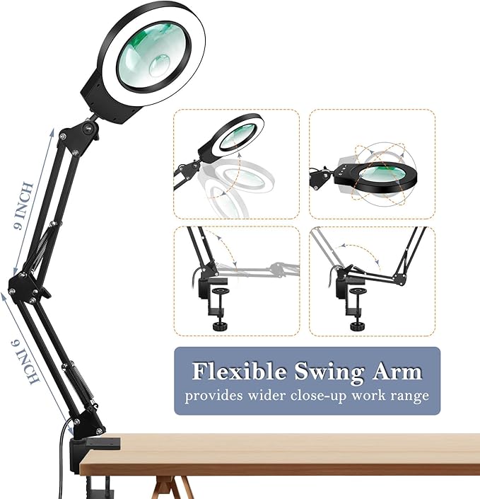 Magnifying Glass Light Clamp Desktop Lamp Stand Desk Table Close Work Up for Crafting, Model Assembly, Reading, Sewing, Jewelry Making, 10X-5X HD Magnifier 50 illumination Options for Elderly