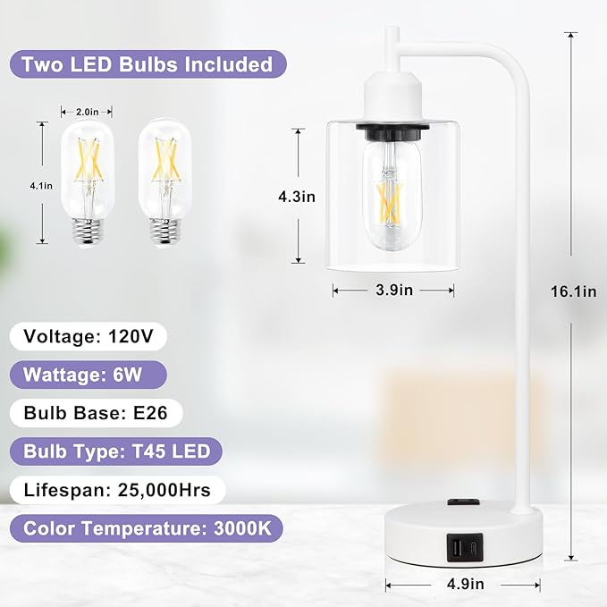 Innqoo Industrial White Table Lamps for Bedrooms Set of 2-3-Way Dimmable Desk Lamp with USB C+A Ports and Outlet, White Lamps with Clear Glass Shade for Living Room