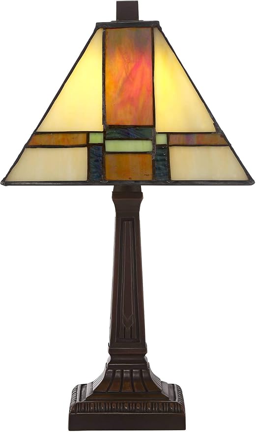 Robert Louis Tiffany Morris Mission Antique Tiffany Style Mini Accent Table Lamp LED 14 1/4" High Warm Brown Art Deco Stained Glass Shade Decor for Bedroom House Bedside Nightstand Home Office