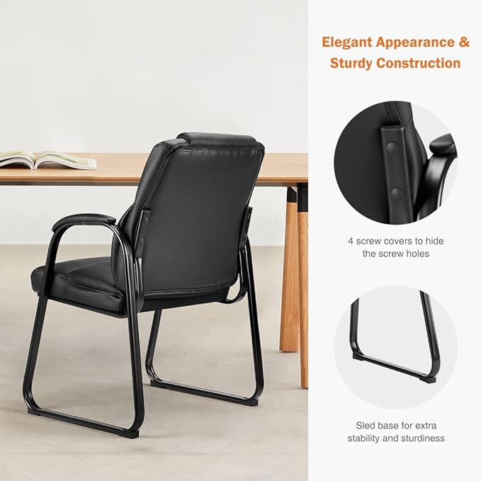 PU Leather Conference Room Chair, Tall Back Chairs with with Padded Arms and No Wheels, Guest Chairs of 2 for Reception Waiting Room Black