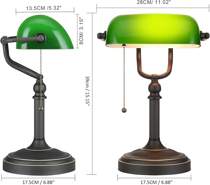 Newrays Antique Green Glass Bankers Desk Lamp with Pull Chain Switch Plug in Fixture