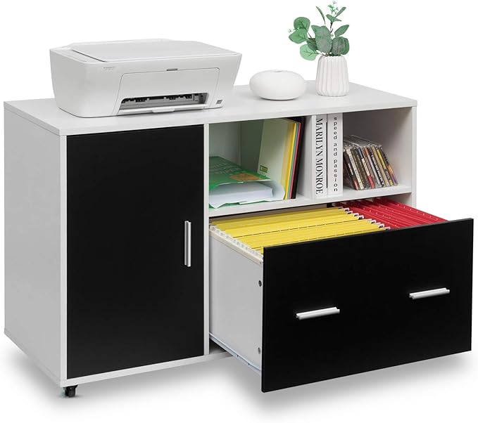 Giantex Lateral File Cabinet, Mobile Filing Cabinet with Drawer, Printer Stand with Open Storage Shelves, Wood Organizer for Home and Office A4 Letter and Legal Size (White & Black)