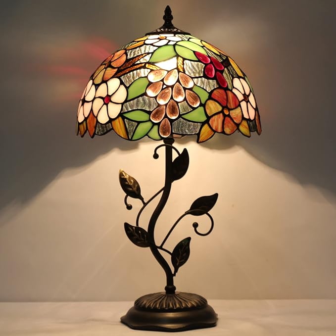 Tiffany Lamp Purple Grape Style Stained Glass Table Lamp Desk Bedside Reading Light 12X12X19 Inches with Metal Leaf Base Decor Bedroom Living Room