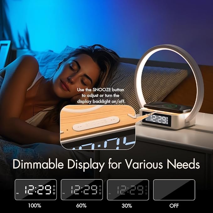 Wireless Charging Station with Alarm Clock,Bedside Lamp with Sunrise Wake-Up Light,Wireless Phone Charger,Touch Table Lamp with 3 Brightness Levels,Idea Gifts for Women,Men,Teens,Adults