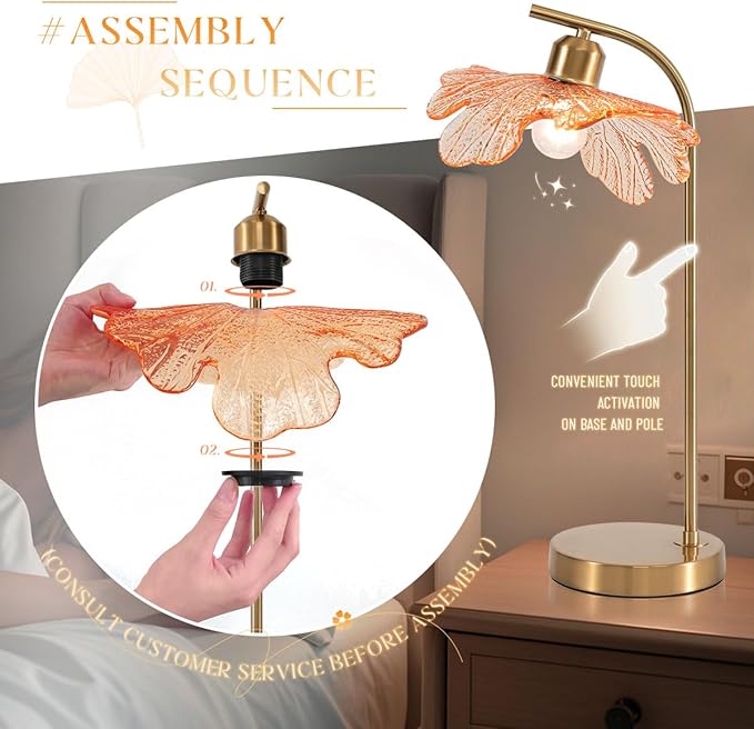 Mid Century Modern Table lamp 2 Pack Gold Table Lamps with Touch Switch Amber Glass Tall Table lamp Bedside Desk lamp nightstand lamp Small Table lamp for Bedroom Living Room Office