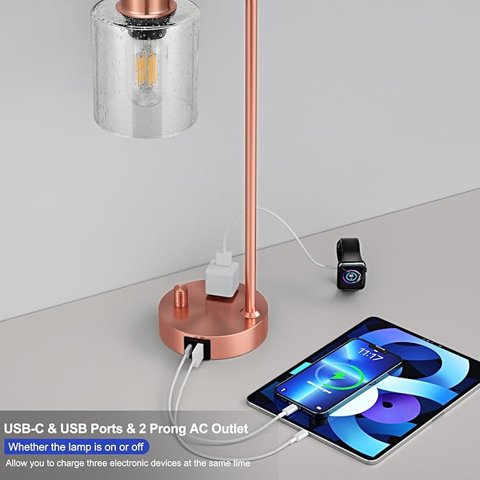 Innqoo Copper Industrial Bedside Table Lamp for Bedroom - Nightstand Lamps with USB C Charging Port, Fully Dimmable Black Ports and Outlets, Small Desk Glass Shade Office Living Room