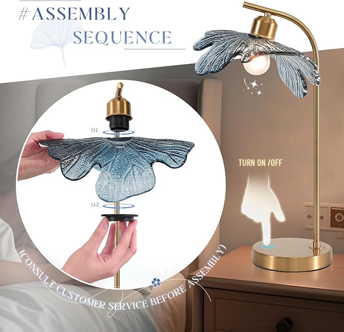 Gold Table lamp Touch Table lamp with Blue Glass Flower Shade Mid Century Modern Lamps Bedside nightstand lamp Side Table Lamps Small Table lamp for Bedroom Living Room Office Farmhouse