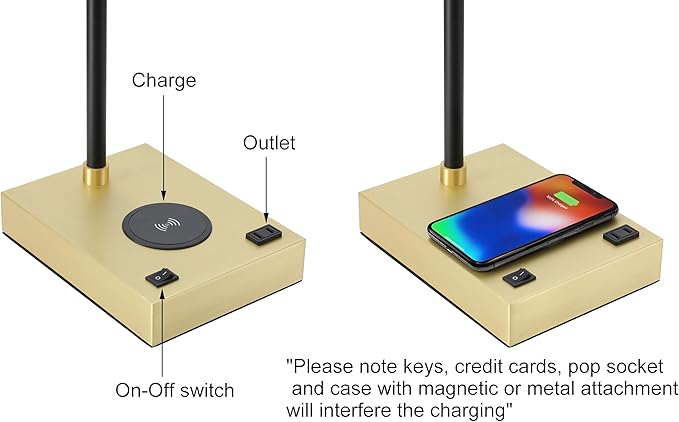 XiNBEi Lighting Desk Lamps for Home Office Modern Black and Brass Table Lamp with Switch Bedside Table Lamp with Charger for Bedroom or Nightstand