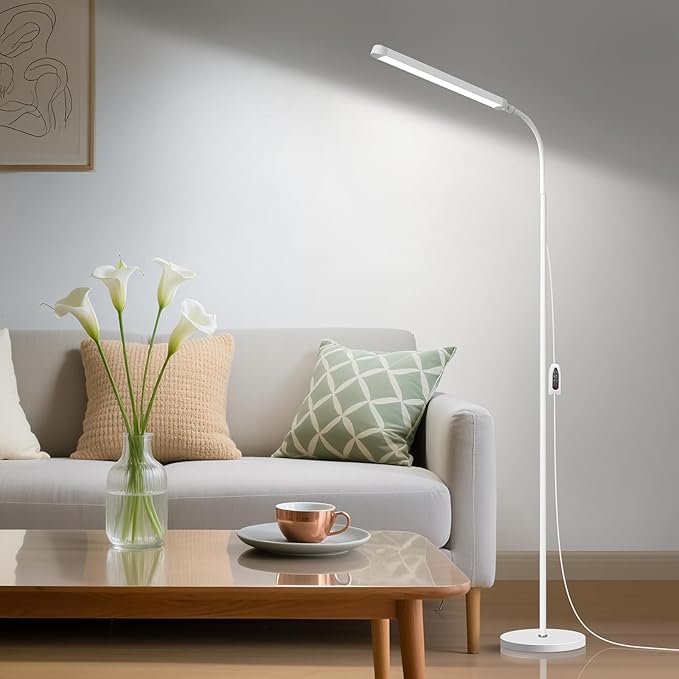White LED Reading Floor Lamp, Bright 12W Dimmable Standing Light, Adjustable Gooseneck,3 Color Temperatures 5 Gears Brightness, Living Room Bedroom office Library Work makeup tattoo lash Desk Lamp