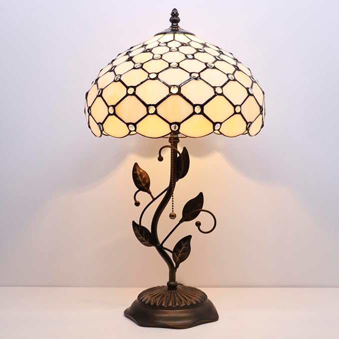 Tiffany Table Lamp, Stained Glass Style Desk Lamp, 12X12X19 Inch,Bedside Reading Light, Metal Leaf Base (Cream Bead Style)