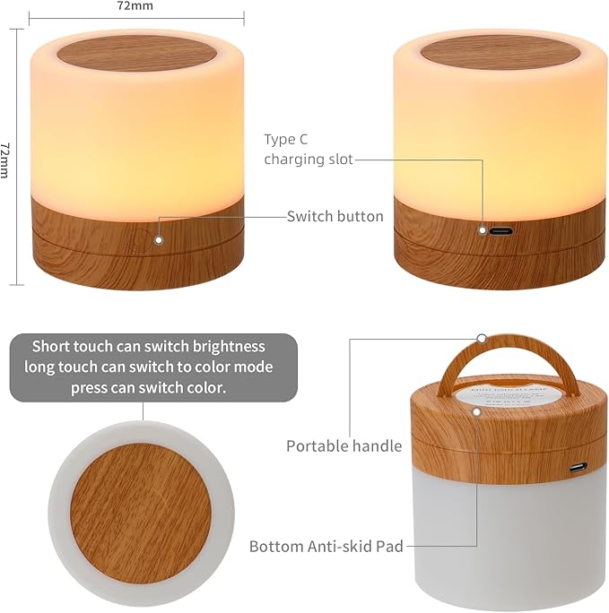 Nursery Night Light for Kids, USB Rechargeable Small Desk Lamp,13 RGB Colors & 4 Brightness & 1 Remote, Touch Bedside Cordless Table Lamp, Portable Night Lamp for Bedroom Living Room (2 Pack Brown)