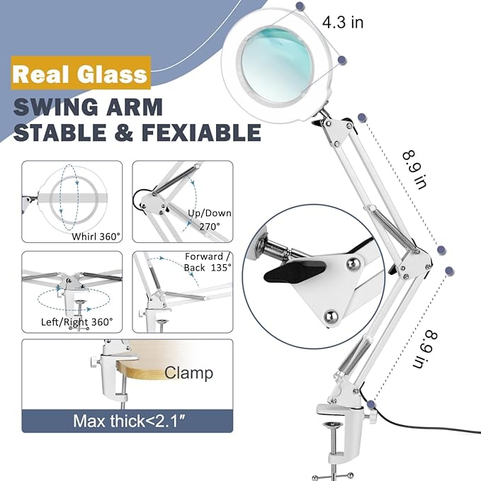 LANCOSC 10X Magnifying Glass with Light and Clamp, 5 Color Modes Stepless Dimmable Lighted Magnifier with Light, Adjustable Swing Arm LED Desk Lamp Hands Free for Close Work Crafts Painting - White
