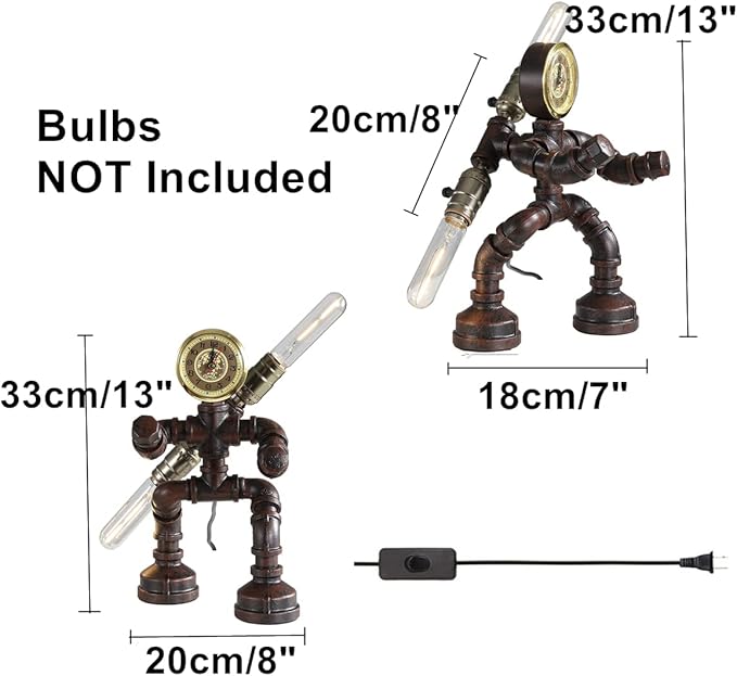 Water Pipe Table Lamp Robot Style- Retro Industrial Table Light- Antique Steampunk Metal Desk Lamp Bedside Lighting Fixture for Office, Reading Kids Room, Cafe Bar (Rust-Style F)