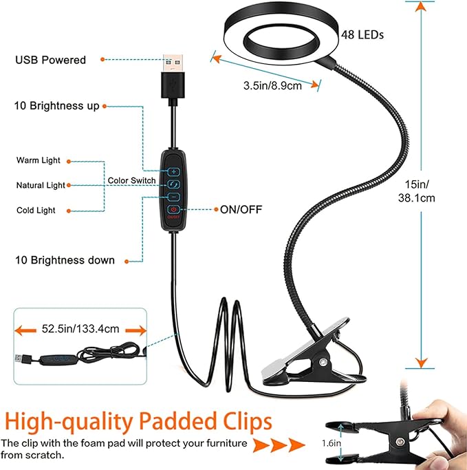 Clip on Light LED Reading Book Study Lamp 3 Color Modes 10 Brightness Eye Protection 360° Flexible Gooseneck Student Dormitory Office Desk Lamp at Night in Bed