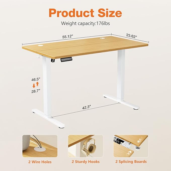 Sweetcrispy Electric Adjustable Height Standing Desk - 55 x 24 inch Sit to Stand Up Desk with Splice Board, Rising Home Office Computer Table with 2 Hook and Wire Hole for Work