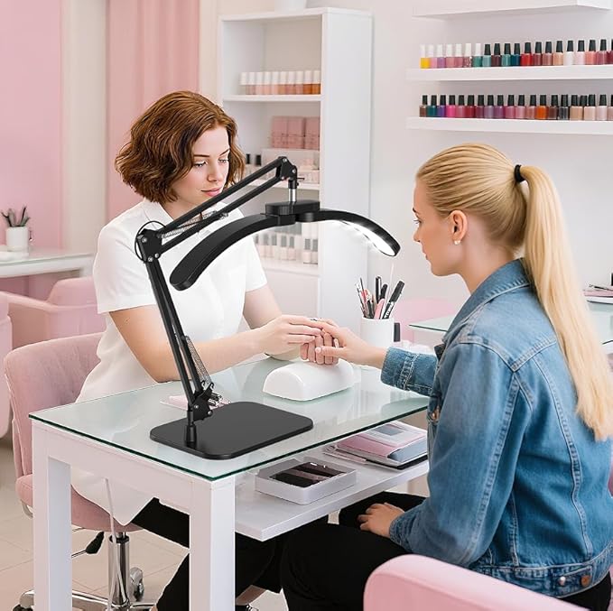 Half Moon Lamp for Nail Desk, 22W LED Lash Light with Adjustable Arm, Desk Clamp & Base, Foldable Nail Tech Lamp for Manicure, Eyelash Extensions, Beauty, Tattoo, Esthetician
