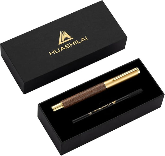 Luxury Wooden and Metal Rollerball Pen Set with Spare Gel Ink Refill,Rosewood,White Oak,Walnut Wood Signature Roller Ball Pen,Business Gift Set for Men and Women (Walnut Wood)