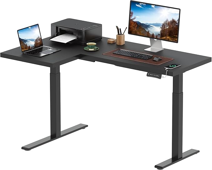 SANODESK 63-Inch Large Dual Motor L-Shaped Electric Height Adjustable Standing Desk - Reversible Panel - Black Top/Black Frame - Ideal for Gaming, Home Office or Computer Workstation