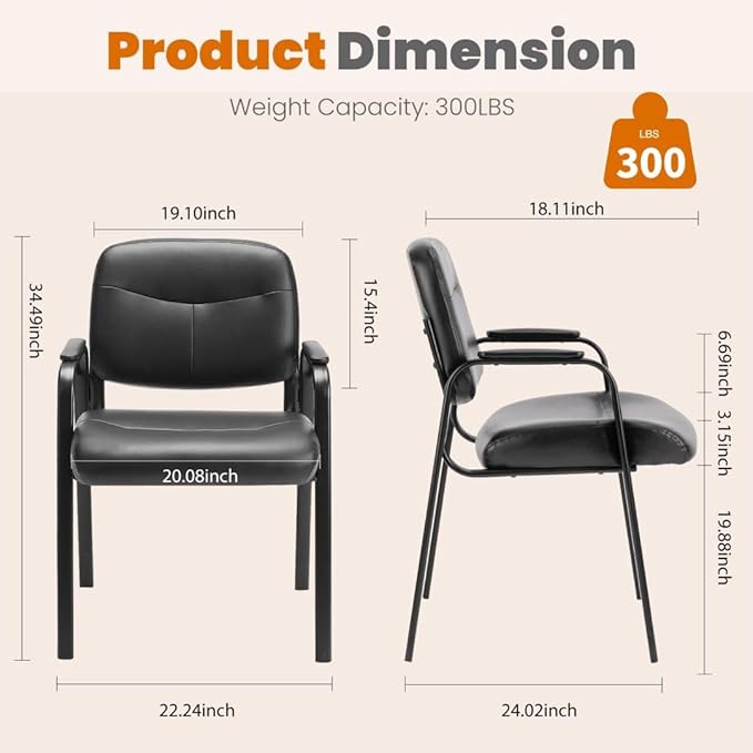 Reception Chairs, Leather Conference Room with Padded Arms and No Wheels for Professional Office Meeting Spaces and Guest Seating,Black-1 Pack