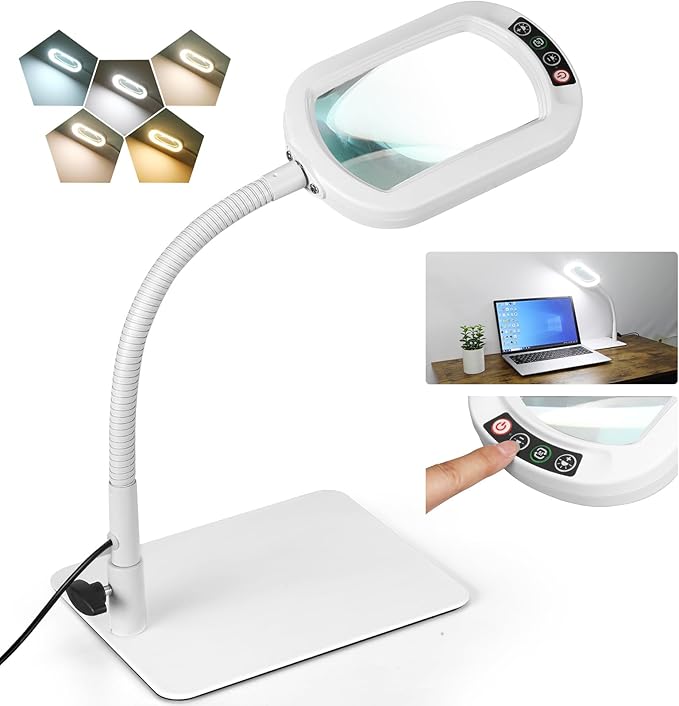 Veemagni 10X Rectangle Magnifying Glass with Light and Stand, Flexible Gooseneck LED Lighted Desk Lamp, 5 Color Modes Stepless Dimmable, Hands Free Magnifier for Reading Painting Close Work - White