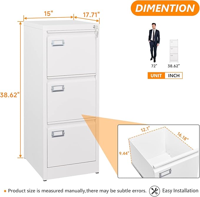 Metal Vertical File Storage Cabinet, 3 Drawer File Cabinet with Lock, 18" Deep Vertical Filing Cabinets for A4 Legal/Letter Size, Assembly Required (3 Drawer - White)