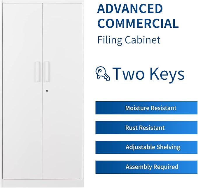 Metal Storage Cabinet-71” Tall Steel File Cabinets with Lockable Doors and Adjustable Shelves-White Steel Storage Cabinet for Home, School, Office, Garage
