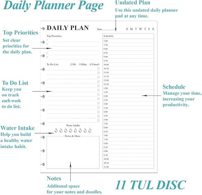 (2-Pack) Undated Daily Planner Refill - 11 Disc Discbound To Do List Refills, Letter Size 200 Sheets/400 Pages Planner and Lined Refill, Day Planner Insert, 100 gsm White Paper, 8.5'' x 11''