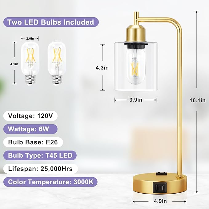 Innqoo Industrial Gold Table Lamp for Bedrooms Set of 2-3-Way Dimmable Desk Lamp with USB C+A Ports and Outlet, Gold Lamps with Clear Glass Shade for Living Room, Desk Lamps for Home Office