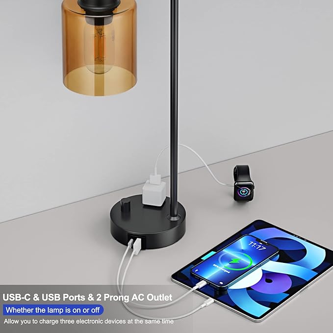 Innqoo Industrial Small Desk Lamp for Nightstand - Amber Clear Glass Shade Table Lamp with USB C Port, Fully Dimmable Black Bedside Lamp with USB Port and Outlet, Bedroom Lamp for Reading Office
