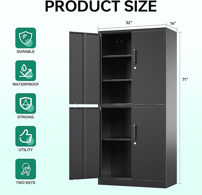 Letaya Metal Storage Cabinet with Lock Door, Adjustable Shelf Steel Cabinets for Office, Home,Pantry,Kitchen,Garage Utility Cabinet (4 Door-Black)