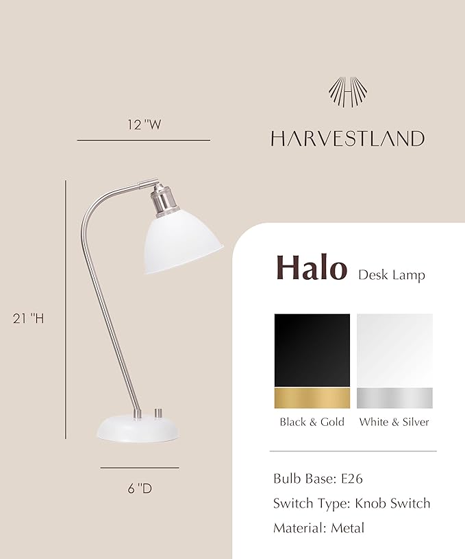 HarvestLand Halo White Desk Lamps – Adjustable Reading Lamp, Pharmacy Style Metal Desk Lamp, Industrial Table Lamp with Solid Base for Bedside Table, Home Office, White Table Lamp