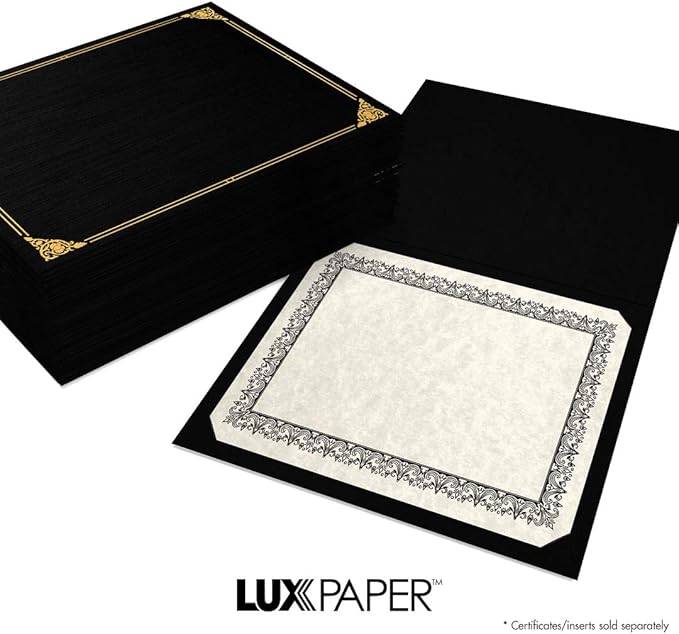 LUXPaper 9.5" x 12" Certificate Holders | Black Linen | Embossed Gold Foil Floral Border | 100lb. Cover | 50 Qty