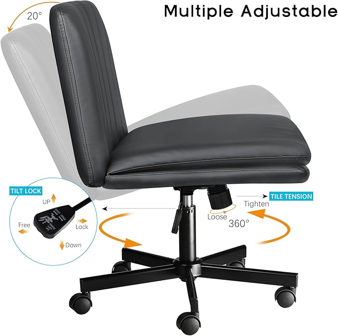PUKAMI Criss Cross Chair with Wheels,PU Leather Armless Cross Legged Office Desk Chair for Home Office,Modern Swivel Height Adjustable Wide Seat,Grey