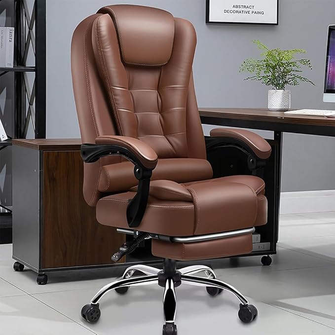 Office Chair Big and Tall Executive Desk Chair with Foot Rest, Ergonomic Leather Office Chairs High Back Computer Gaming Chair for Home Office, Brown