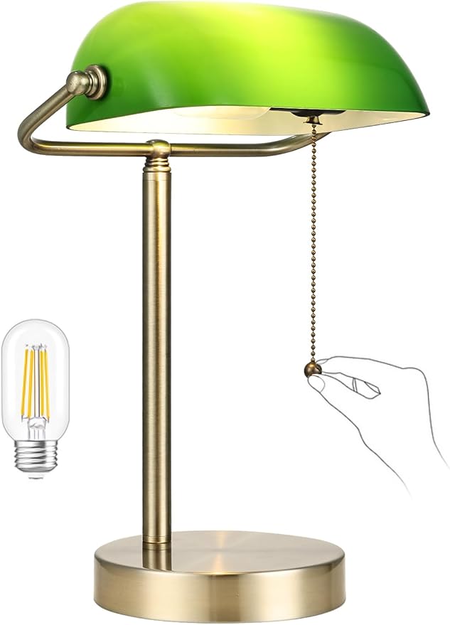 Newrays Traditional Green Glass Bankers Desk Lamp with Pull Chain Switch Plug in Fixture,LED Bulb Included