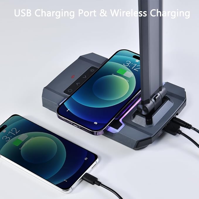 RGB Gaming Desk Lamp with Music Sync,Dimmable LED Lamp with Wireless Charging Station,USB Charging Port,Color Changing Touch Control Light for Gamer Room Decor,Reading,Office,Gift Ideas