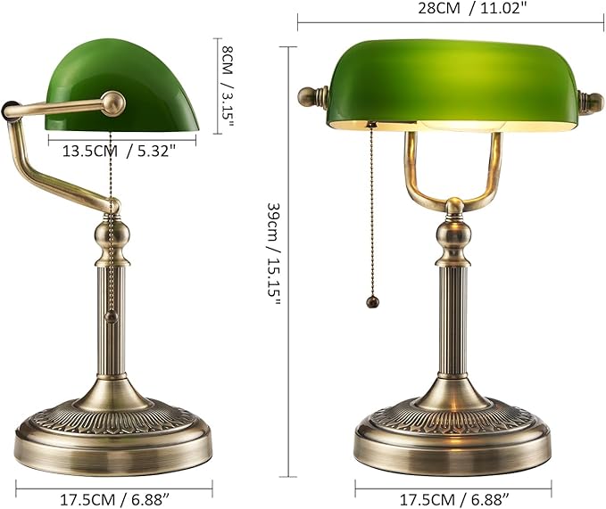 Newrays Green Glass Bankers Desk Lamp with Pull Chain Switch Plug in Fixture