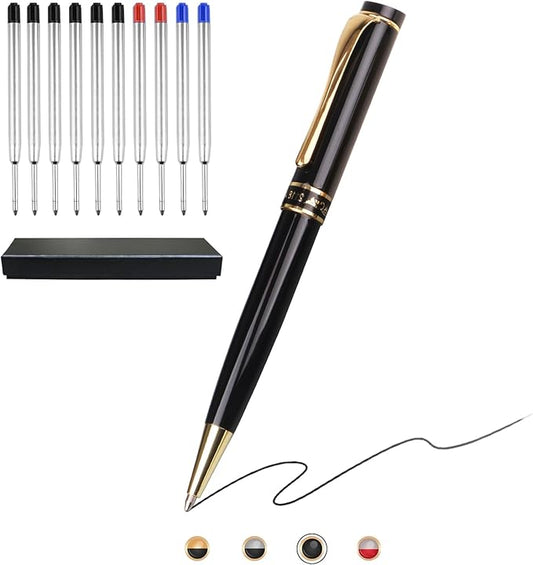 Luxury Ballpoint Pens, Retractable Metal Pen with 10 Refills (Black, Blue, Red) for Smooth Writing - Executive Office Desk Accessories, Ideal Gifts for Professionals, Teachers