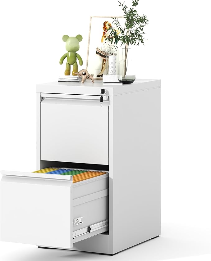 File Cabinet, Vertical File Cabinets with Lock for Home Office,Heavy Duty Office Steel Filing Cabinet for Hanging Letters/Legal/A4, Assembly Required (White, 2 Drawers)