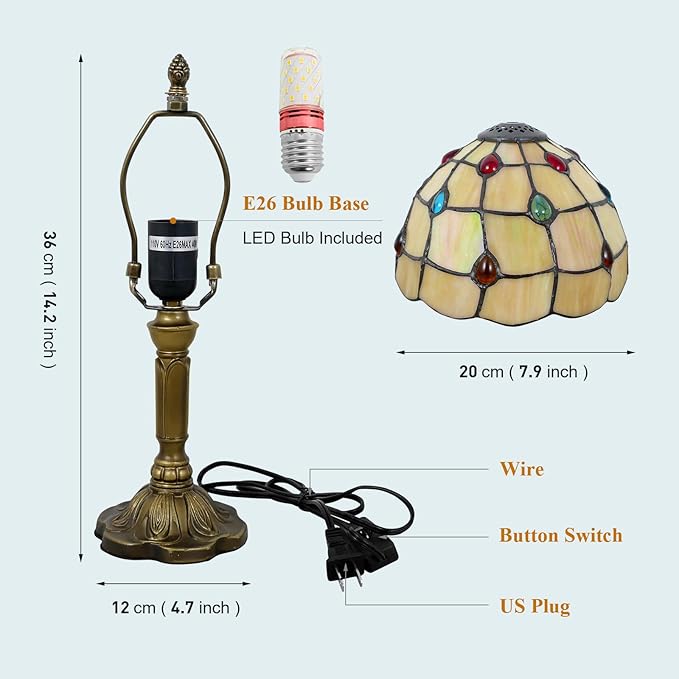 Tiffany Table Lamp - Beige with Colorful Beads, 14" Tall, 8" Wide Reading Lamp with Color Changing LED Bulb