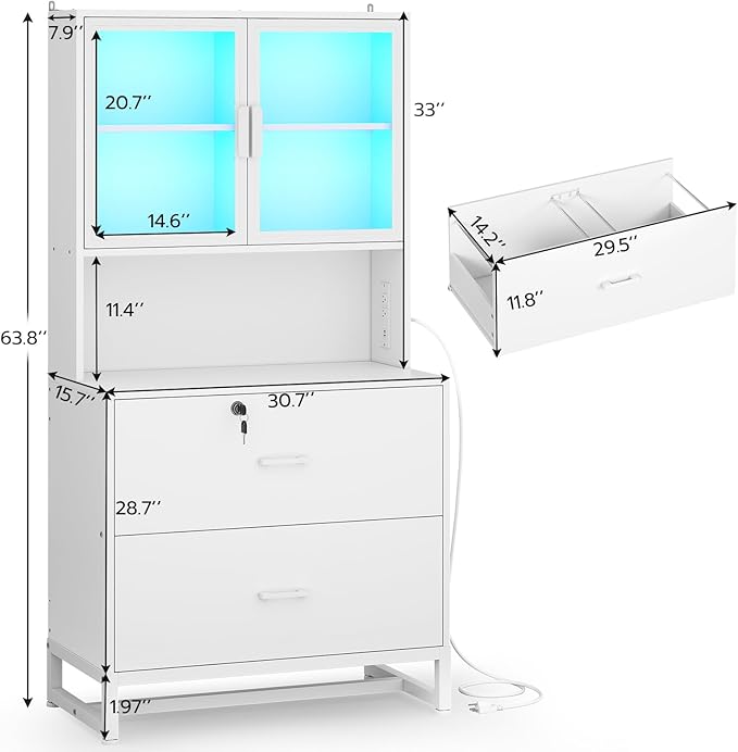SEDETA 2 Drawer File Cabinet with Lock, Charging Station and Bookshelf, Filing Cabinet Fits Letter, Legal, A4 Size, Wood File Cabinets for Home Office, Printer Stand with Storage Shelf, White