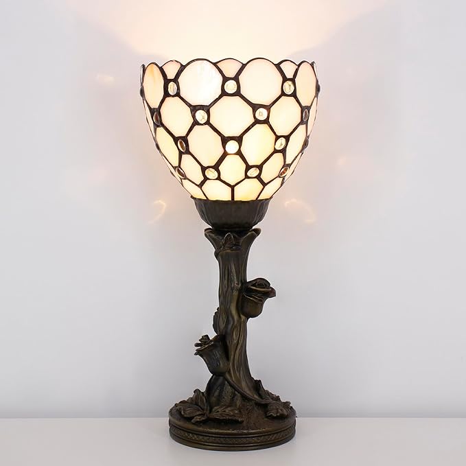 Small Tiffany Lamp Mini Stained Glass Table Lamp Cream Bead Accent Desk Uplight W6 H13.5 Inch Bronze Resin Base