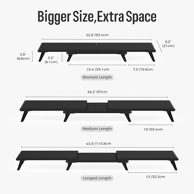 loukin Dual Monitor Stand Riser for Desk, 43.6"*8.2"*3.2" Large Computer Stand for 2 Monitors, Laptop, Printer, Length and Angle Adjustable Computer Shelf, Home Office,Max 43.6" Length(Black)