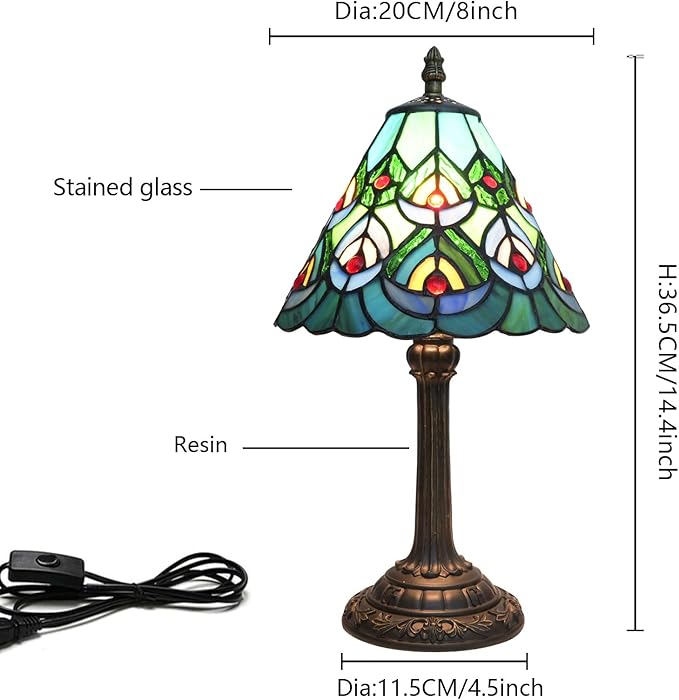 Green Peacock Decor Small Tiffany Style Table Lamp Antique Stained Glass Lamps Vintage Bedroom Bedside Reading Light Living Room Hotel Bar Kitchen Home Red Glass Bead Cute Accent Night Light 8 Inch