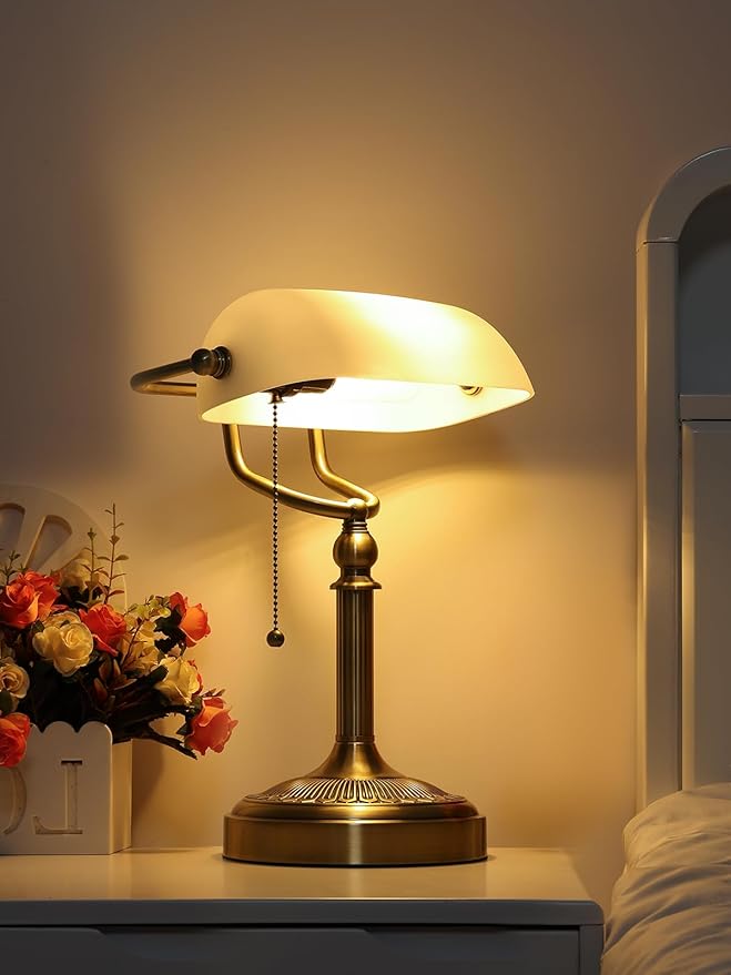 Newrays Glass Bankers Desk Lamp with Pull Chain Switch Plug in Fixture (Matted White +Green Bronze Base, Classic)