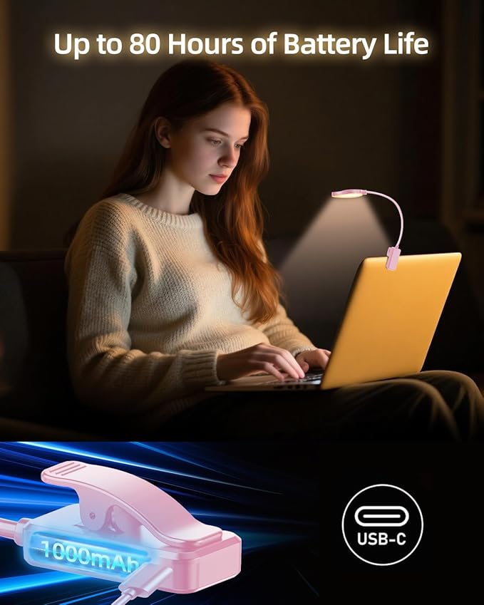 Rechargeable Book Lights for Reading at Night - Eye,3 Color Temperatures,3 Brightness Levels,Flexible Goose Neck Clip on Light,Reading Lights for Books in Bed with Power Indicator Bookworms (Pink)