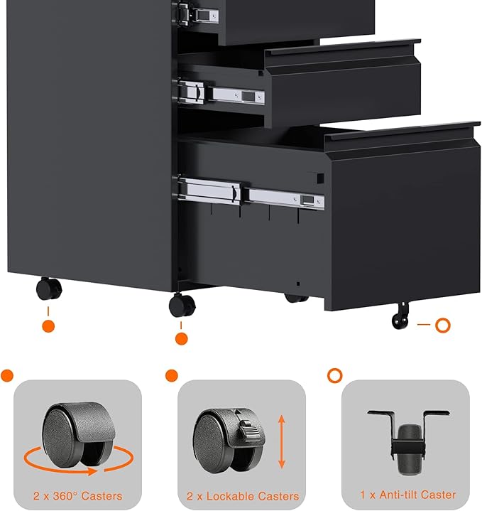 Metal Rolling File Cabinet with 3 Drawers, Under Desk Mobile Filing Storage Cabinet with Lock for Home Office Scool,Fully Assembled Except Wheels,Black
