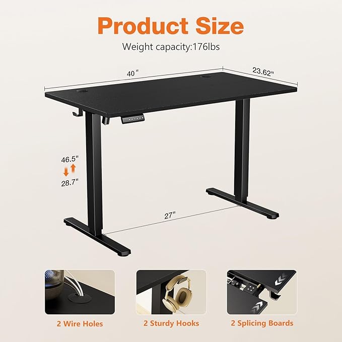 Sweetcrispy Electric Adjustable Height Standing Desk - 40 x 24 inch Sit to Stand Up Desk with Splice Board, Rising Home Office Computer Table with 2 Hook and Wire Hole for Work