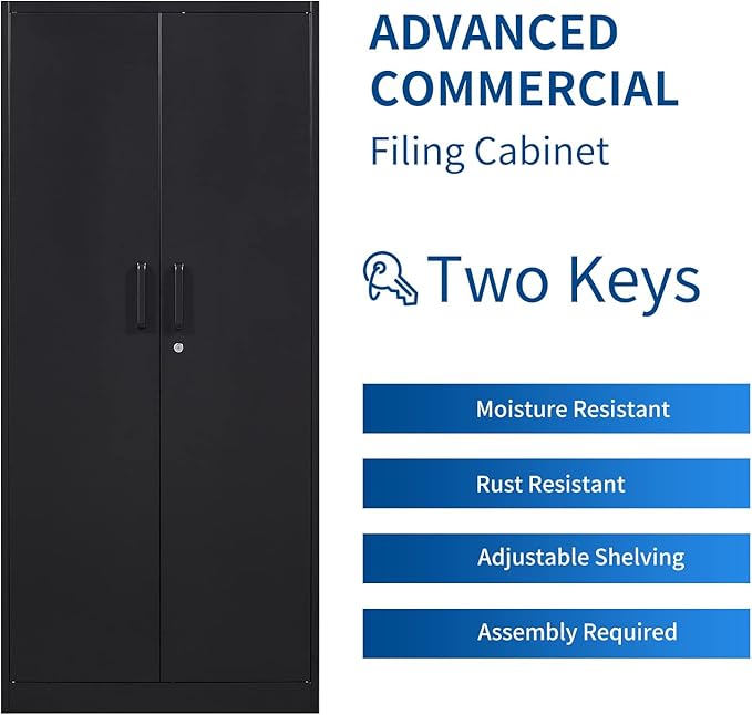 Metal Storage Cabinet-71” Tall Steel File Cabinets with Lockable Doors and Adjustable Shelves-Black Steel Storage Cabinet for Home, School, Office, Garage